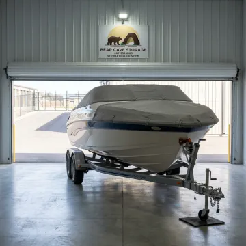 Boat parked inside a clean storage unit
