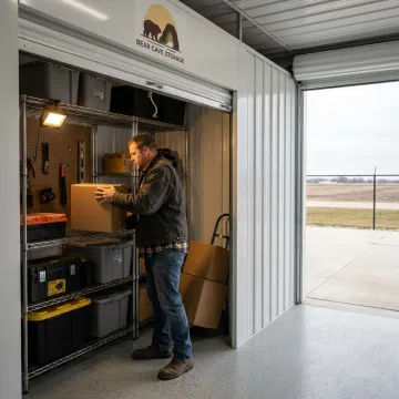Business owner organizing inventory in a storage unit