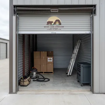 Business equipment stored in a drive-up storage unit