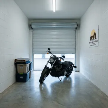Motorcycle stored safely inside a clean indoor storage unit