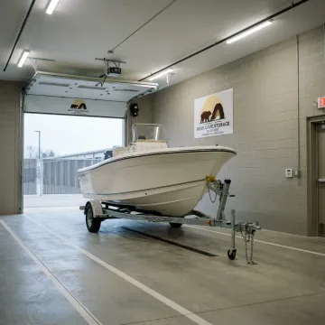 Boat parked securely in a storage facility