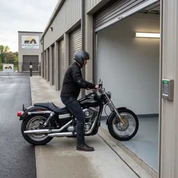 Rider parking motorcycle inside a secure storage unit