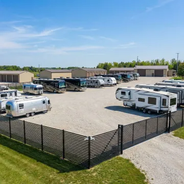 Secure RV storage facility with multiple recreational vehicles parked in designated outdoor spaces