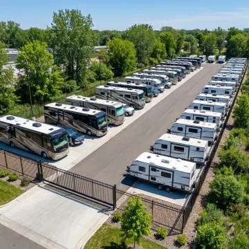 Secure RV storage facility with multiple recreational vehicles parked in protected outdoor spaces