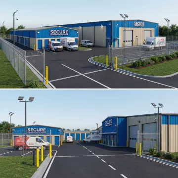 Modern commercial storage facility with secure access gate in Pine Island area