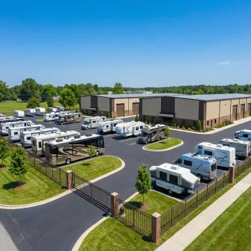 Modern RV storage facility with secured outdoor spaces and indoor units in Racine