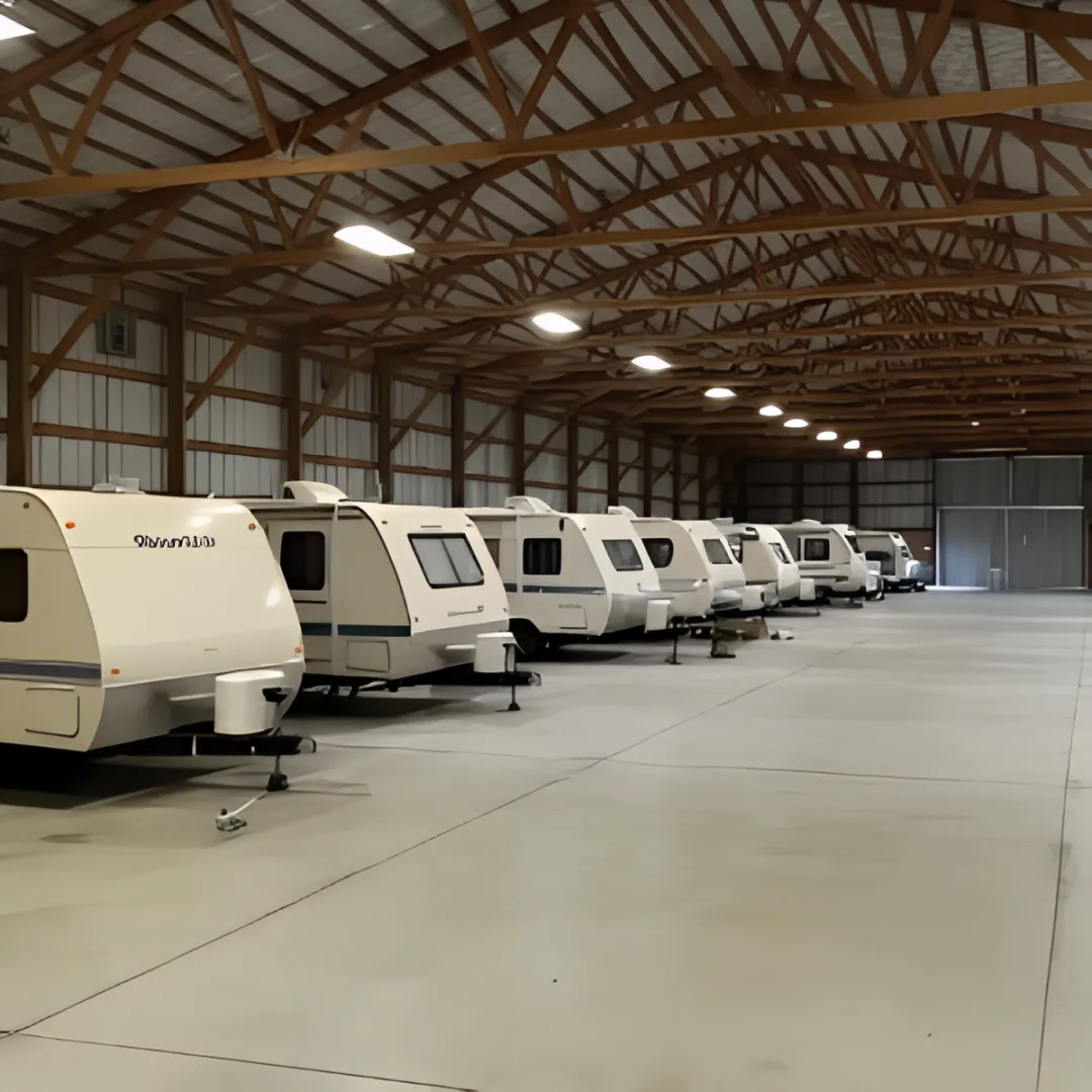 Interior view of clean, organized self-storage units with various sizes