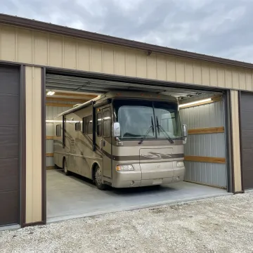 Motorhome stored inside a secure enclosed storage unit