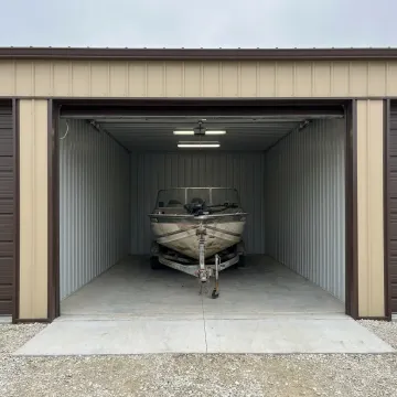 Boat stored in enclosed indoor storage unit