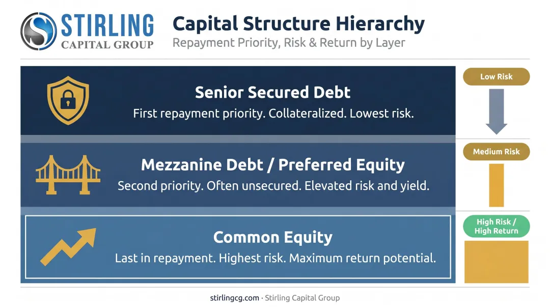 Three-tier capital stack hierarchy showing senior debt mezzanine and equity layers
