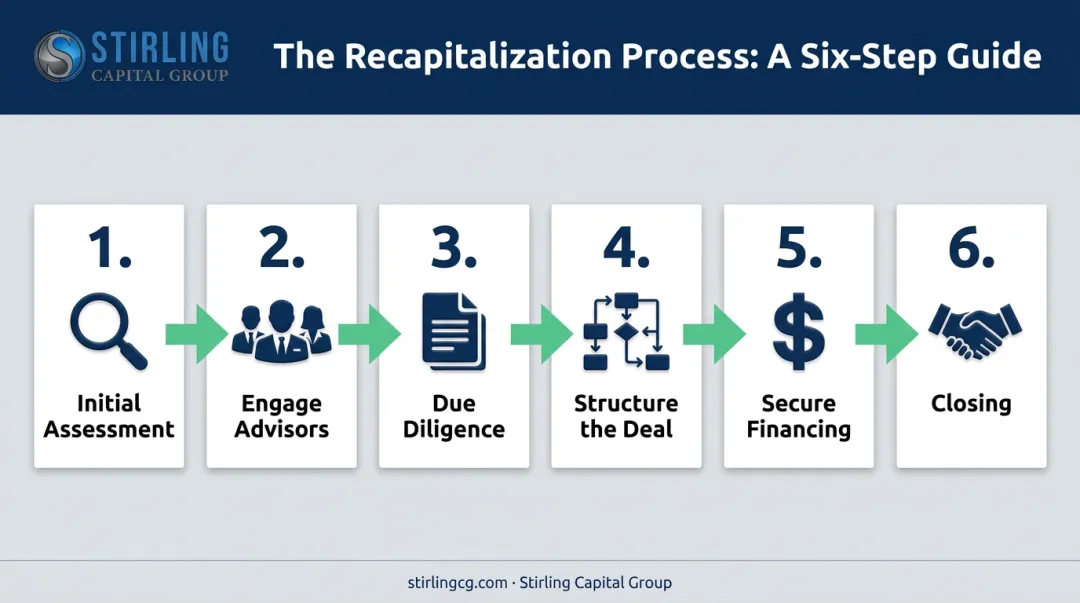 6-step recapitalization process flow from initial assessment to closing the transaction