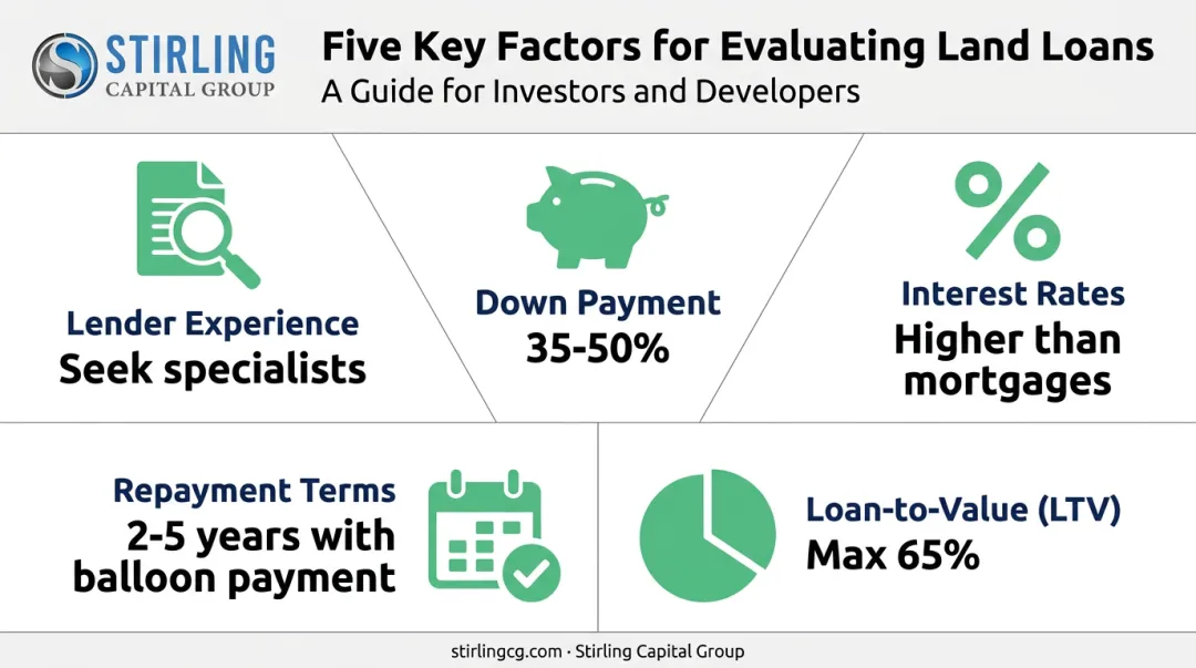Key evaluation factors for raw land loans infographic with key data points