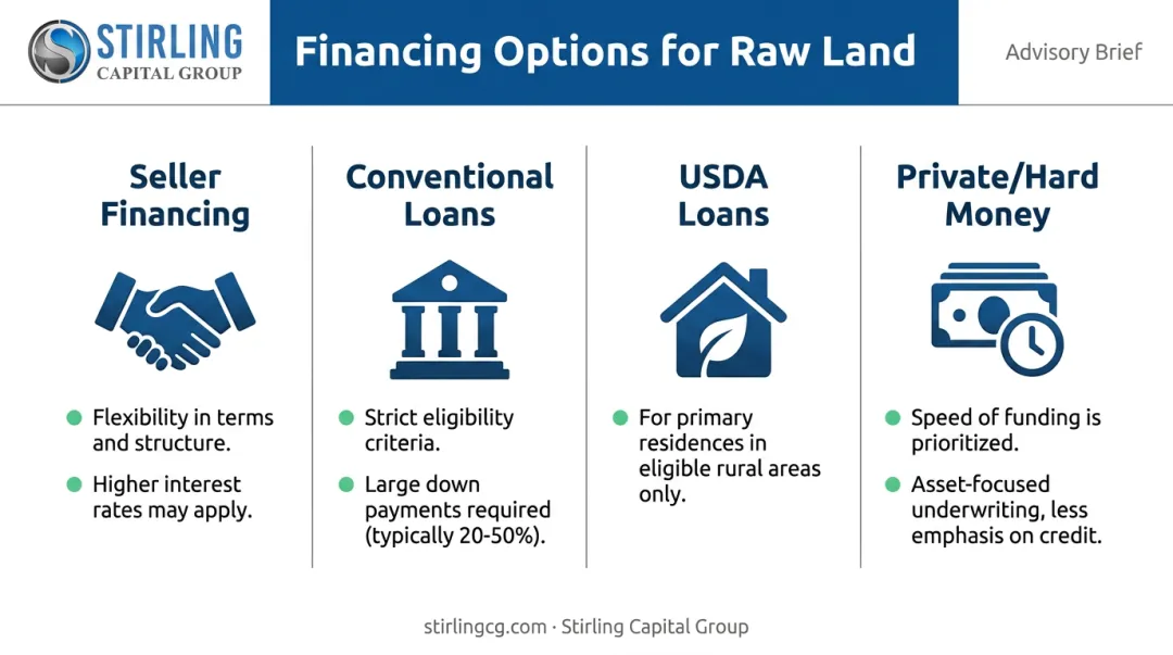 Comparison of four raw land financing options including seller bank and private lenders