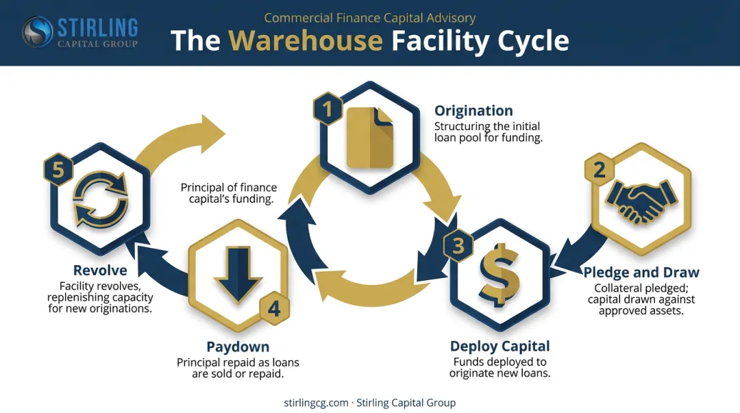 5-step warehouse facility funding cycle from origination to revolve