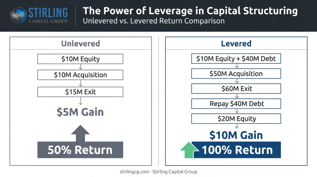 Levered versus unlevered private equity return comparison infographic with $10M equity