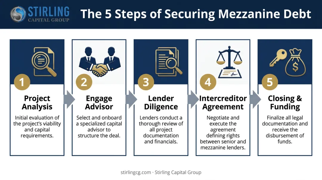 Five-step mezzanine debt financing process flowchart from analysis to closing