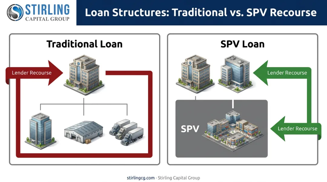 Comparison of traditional commercial loan versus SPV loan structures and liabilities