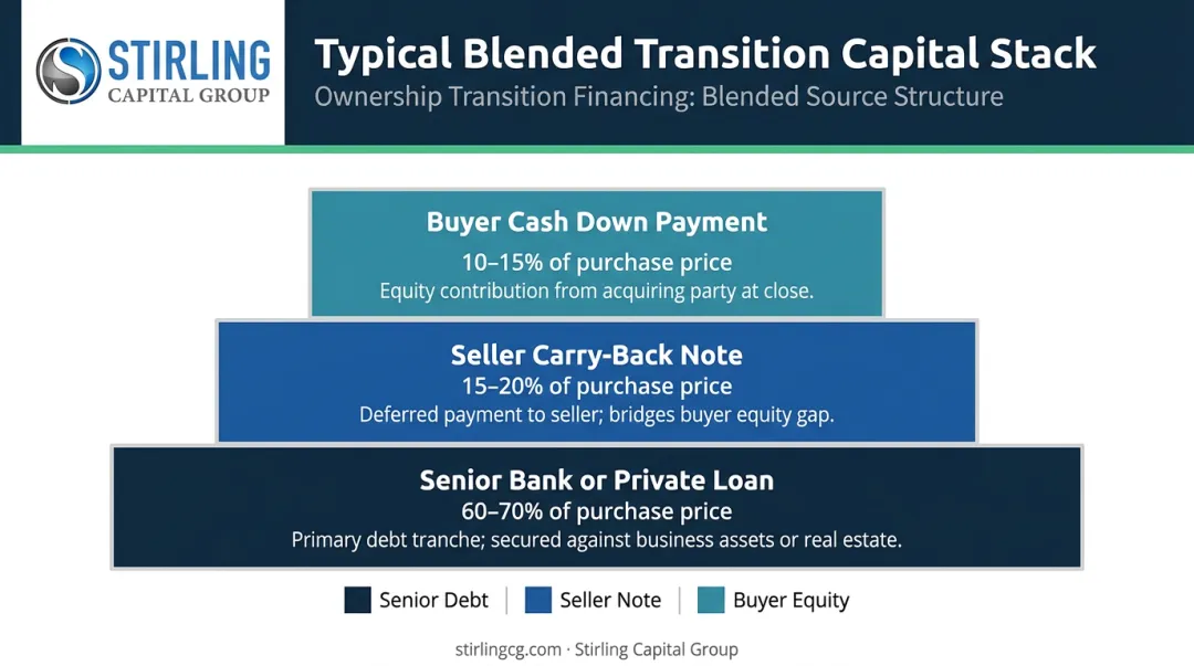 Typical blended ownership transition capital structure showing three funding layers