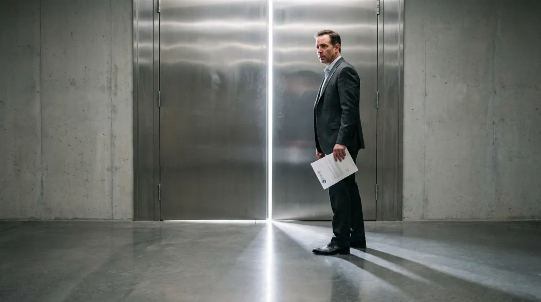 Conceptual illustration of a business owner facing a closing bank vault door