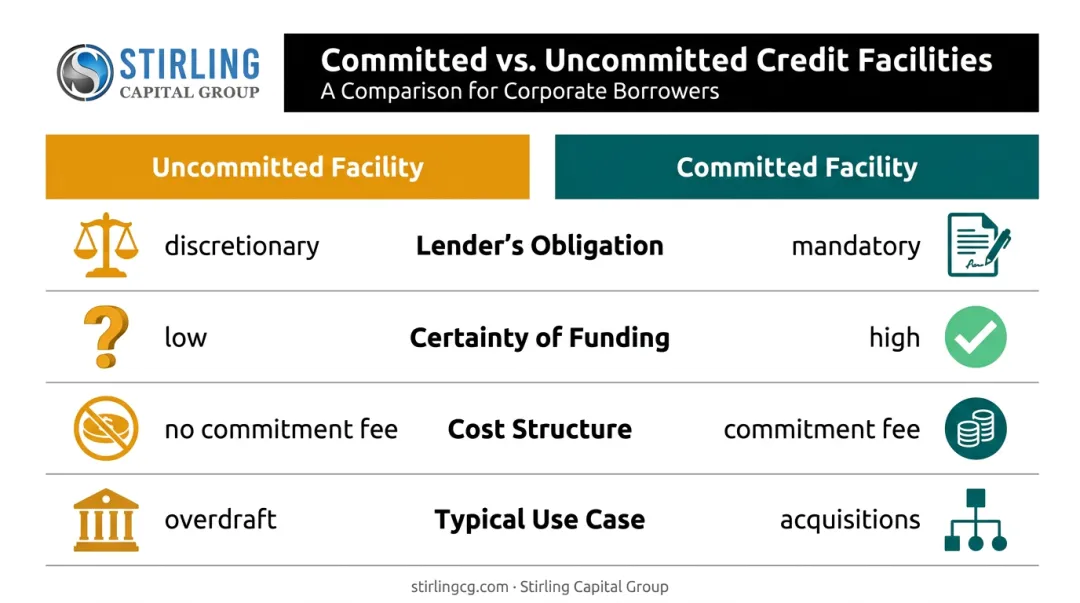 Uncommitted versus committed credit facilities side-by-side comparison chart infographic