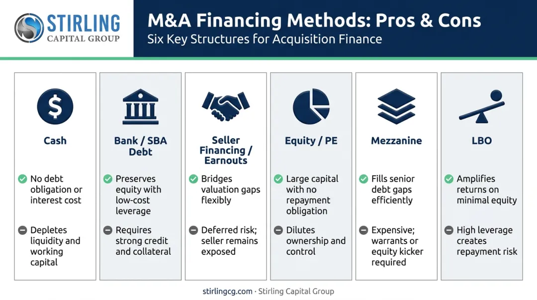 M&amp;A financing methods comparison chart showing six major capital sources