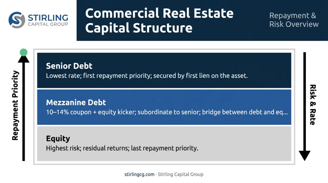 Capital structure stack showing senior debt mezzanine and equity position layers