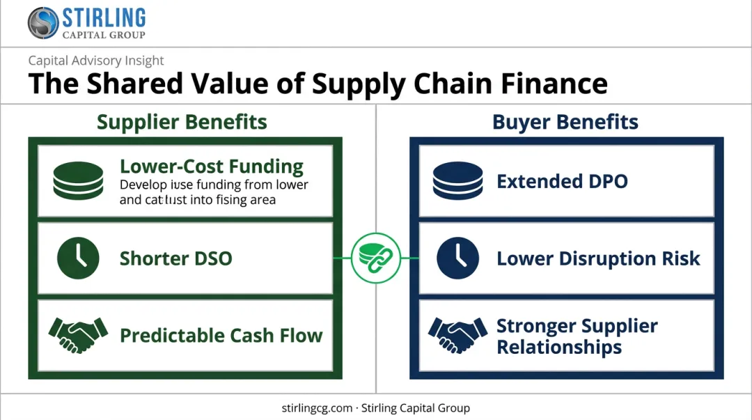 Reverse factoring benefits comparison for suppliers versus buyers side by side