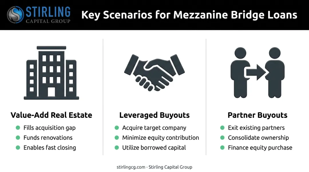 Three key use cases for mezzanine bridge loans for investors infographic