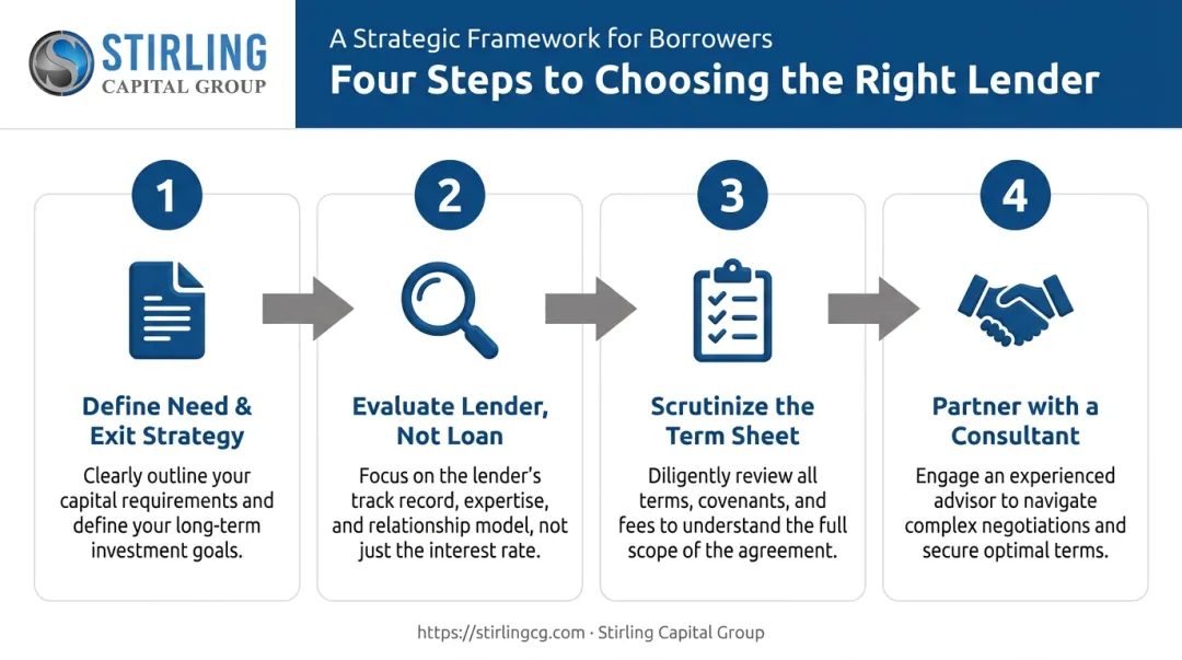 Four-step process for choosing a mezzanine bridge loan lender infographic