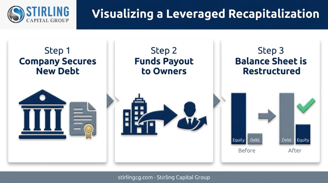Process flow infographic explaining how leveraged recapitalization works for business owners