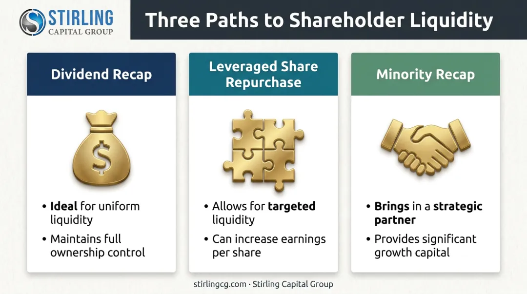 Comparison of three leveraged recapitalization strategies dividend share repurchase and minority
