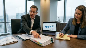 Business executive reviewing complex loan documents with legal counsel in boardroom