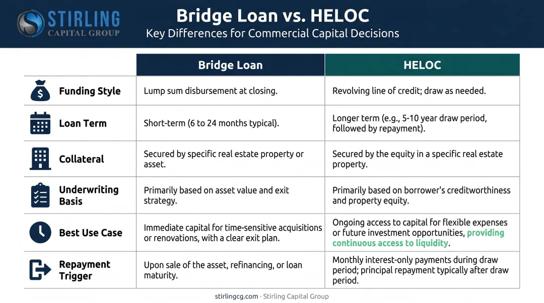Bridge loan versus HELOC side-by-side comparison key differences infographic