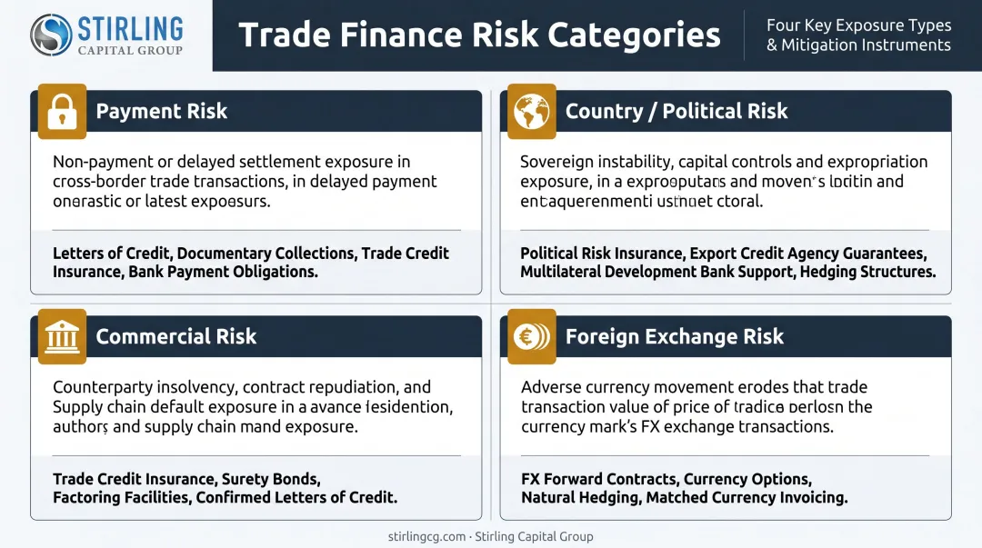 Four trade finance risk categories comparison table with mitigation strategies