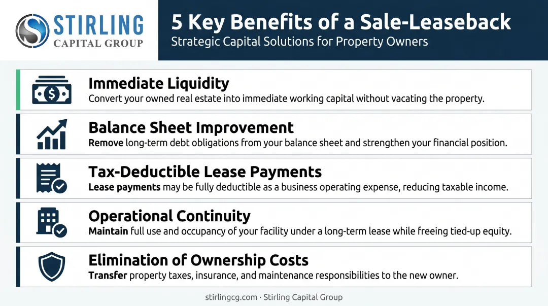 Five key sale-leaseback benefits for seller lessee businesses comparison infographic