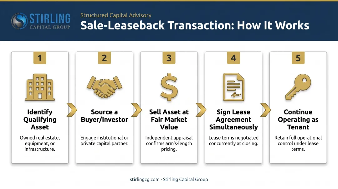 5-step sale-leaseback transaction process flow from asset identification to operations