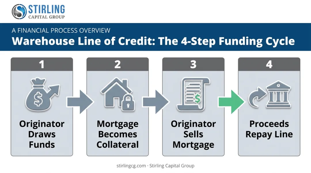 4-step warehouse line of credit funding cycle from draw to repayment