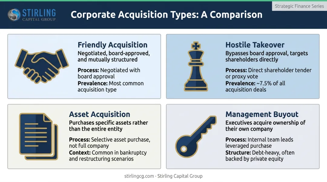 Four M&amp;A acquisition types comparison friendly hostile asset and MBO