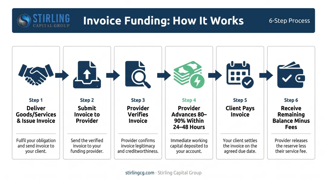 6-step invoice funding process flow from invoice delivery to balance receipt