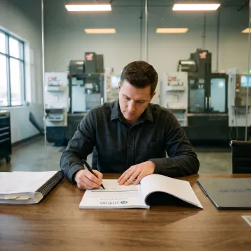 Finance consultant reviewing manufacturing funding options