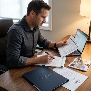 Finance consultant reviewing rental property loan documents