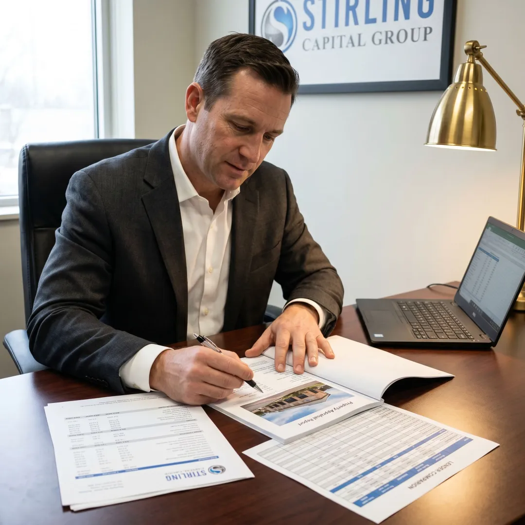 Commercial refinance advisor reviewing property loan documents