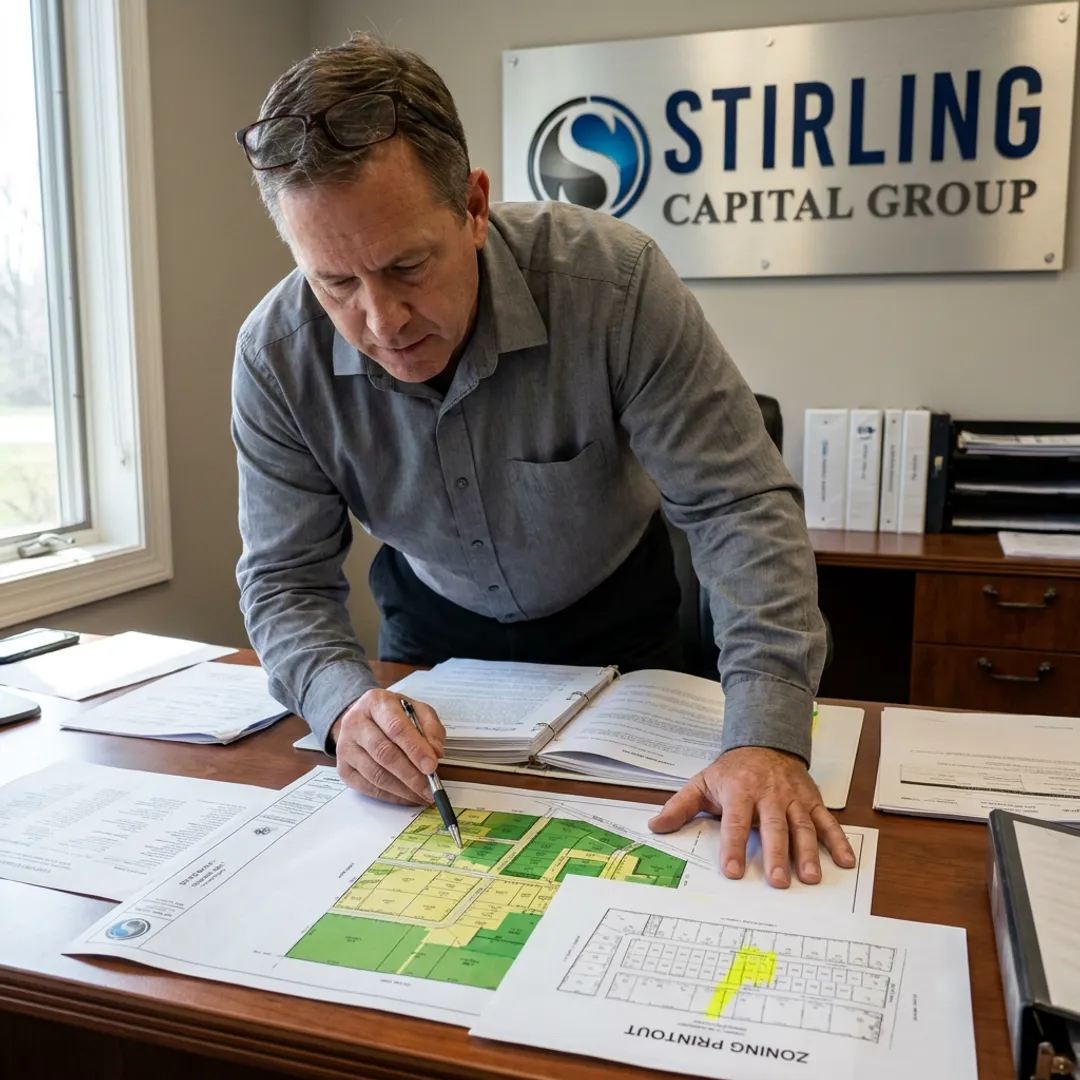 Finance consultant reviewing land development plans