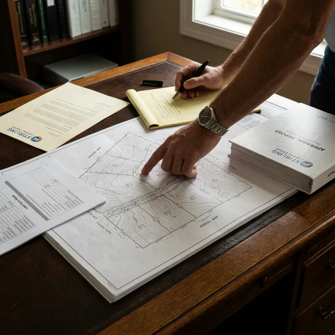 Land loan documents reviewed beside rural property map