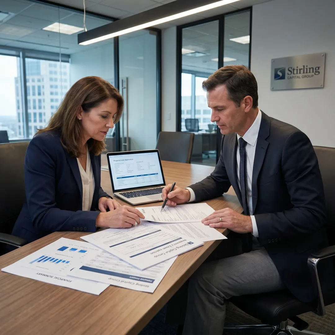 Commercial financing advisor reviewing documents
