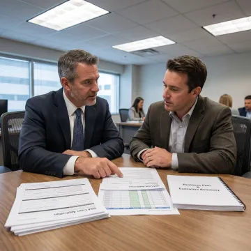 Business financing advisor reviewing loan documents