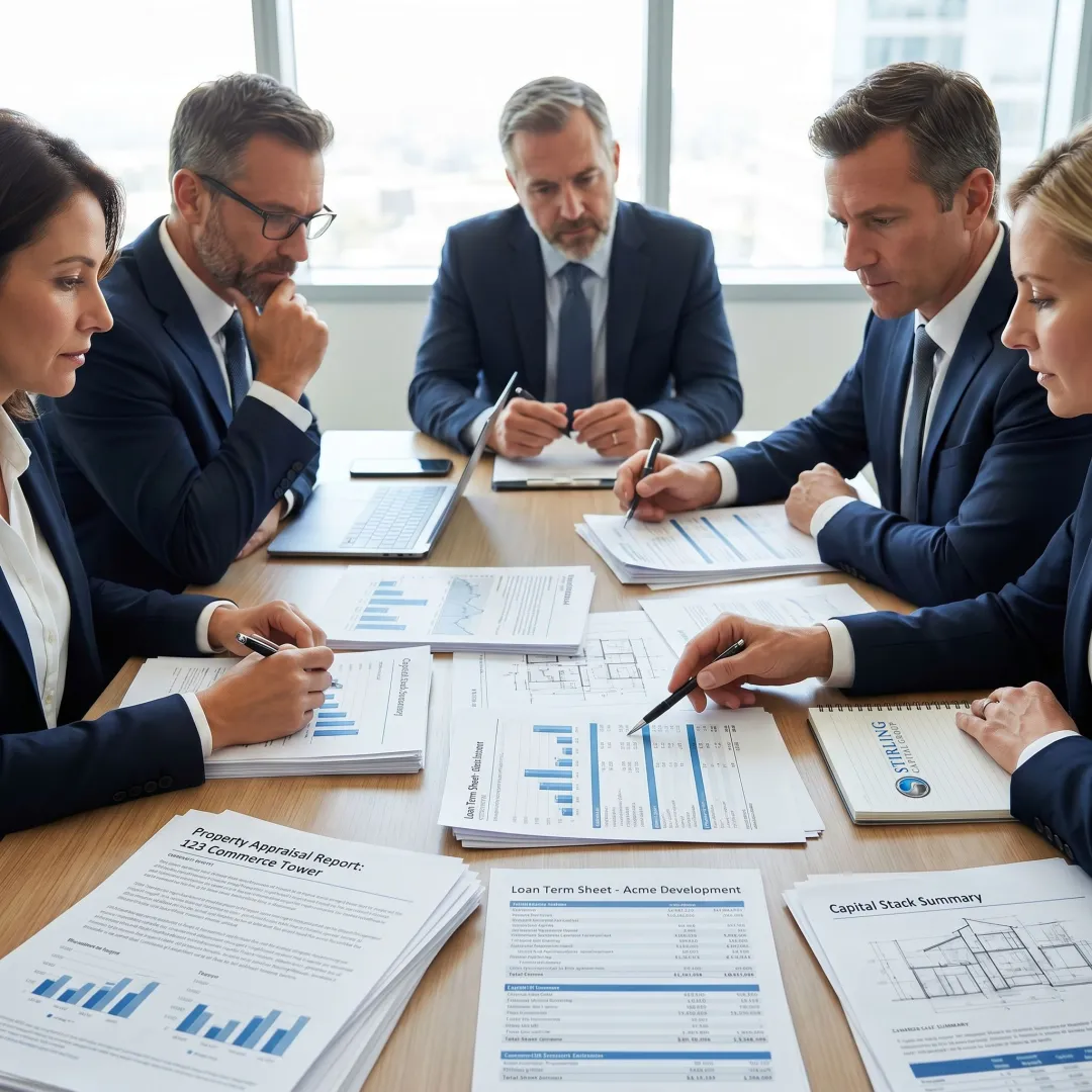 Commercial real estate advisory team reviewing transaction documents