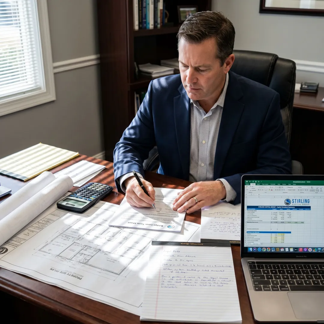 Bridge loan advisor reviewing financing documents