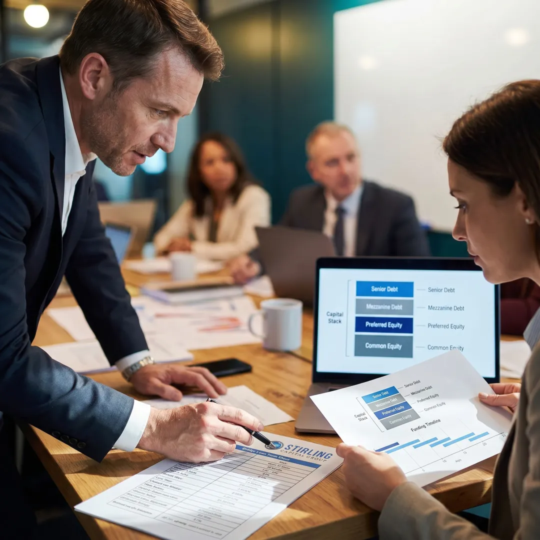 Finance advisor reviewing bridge funding documents