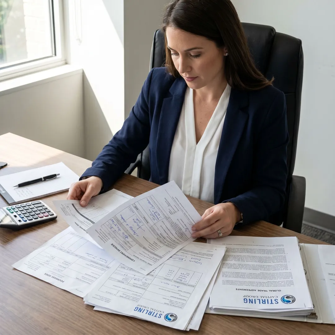 Trade finance consultant reviewing export and import financing documents